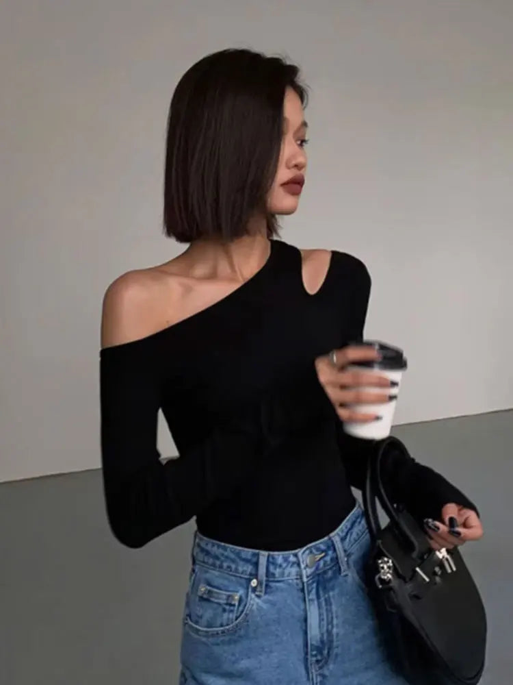 Fashion Skew Collar Off-shoulder Long-sleeved T-shirts Women Spring