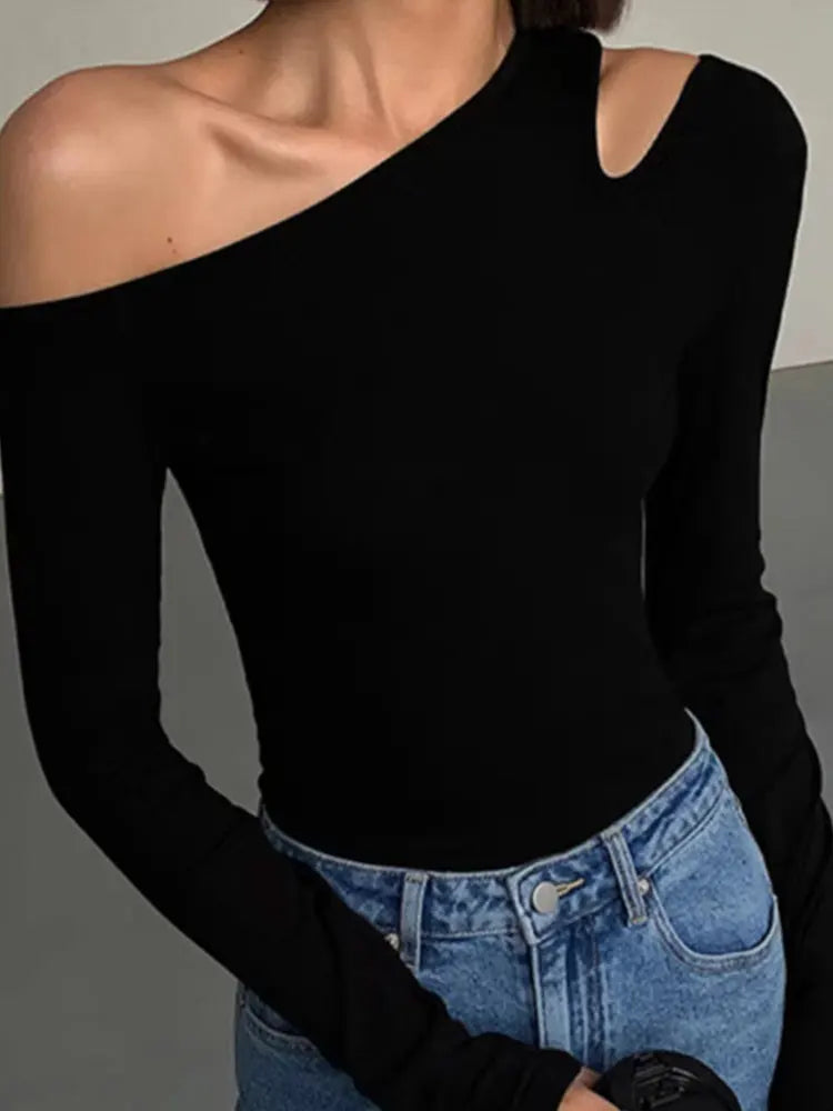 Fashion Skew Collar Off-shoulder Long-sleeved T-shirts Women Spring